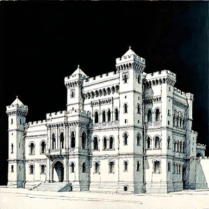 Urban Ink Drawing: Historic Building With Dramatic Lighting With Large, Ornate