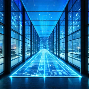 Tech Architectural Photography: Financial Technology In Research Center With Long Hallway