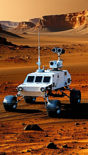 A White Robotic Vehicle With A Large Antenna On Top, Driving Across A Dirt Field