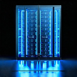 Tech 3d Render: Server Rack With Blue Light Glow With Large Blue