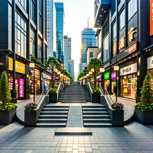 Urban Macro Photography: Urban Shopping District Scene With City Street