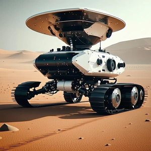 A Large White And Black Robot Is Sitting On A Sandy Surface
