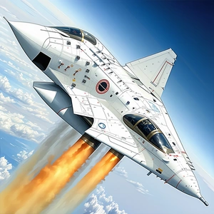 A White Fighter Jet Is Flying Through The Sky, Leaving A Trail Of Smoke Behind It