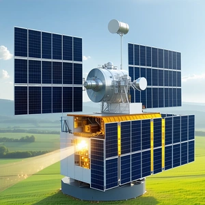A Large Satellite With A Solar Panel On Top, Sitting On A Grassy Field