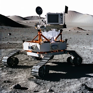 A White Robotic Vehicle With A Television Screen On Its Front, Driving Across A Rocky Terrain