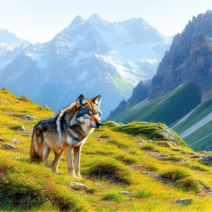 Nature Pastel Drawing: Wolf In Mountain Terrain With Wolf Standing