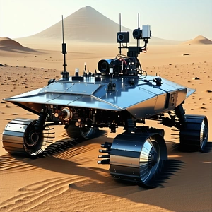 A Futuristic Vehicle, Possibly A Tank Or A Rover, Parked In A Desert-like Environment