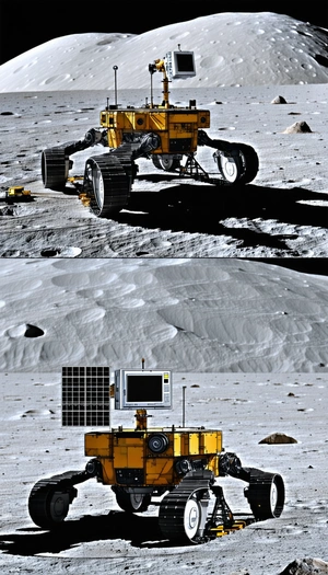 The Image Is A Split-screen Display Of A Robotic Vehicle On A Moon Surface