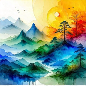 Abstract Watercolor Painting: Dynamic composition with complementary color palette