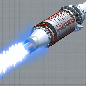 A Rocket Engine Is Shown In A 3d Model, With The Engine's Nozzle And The Surrounding Area In Blue