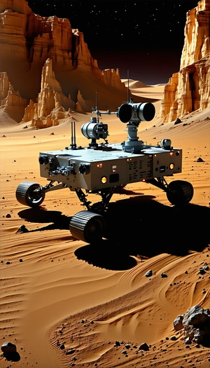 A Futuristic Vehicle, Possibly A Rover Or A Tank, Driving Across A Sandy Terrain