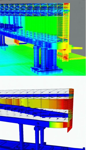 The Image Is A Split-screen Display Of A Bridge Construction Project