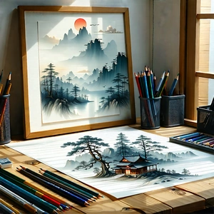 Lifestyle Ink Drawing: Home office with comfortable textiles