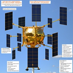 A Large, Gold-colored Satellite With A Globe On Top, Floating In The Sky