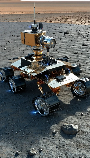 A Large, Shiny, Gold Robot Is Sitting On A Rocky Surface
