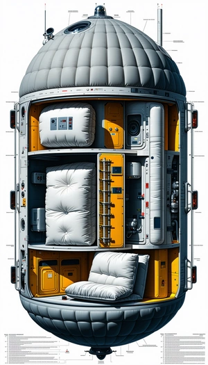 A Futuristic Space Ship Is Shown In A Drawing, With A Large White Pillow In The Middle Of The Ship