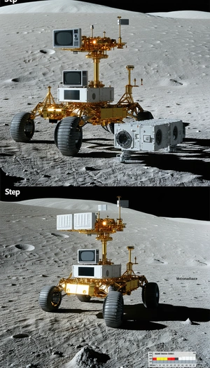 A Robotic Vehicle On A Moon Surface, With A Television Monitor On Top Of It