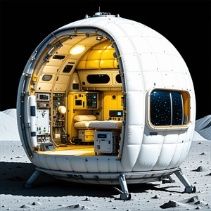 A Small, White, Round Spacecraft With A Hatch Door Open