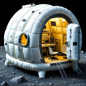 A White Dome-shaped Spacecraft Is Parked On A Rocky Surface, Possibly On The Moon