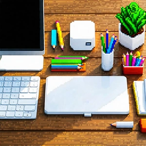 Business Voxel Art: Workplace With Modern Office Supplies On Desk With Wooden Desk
