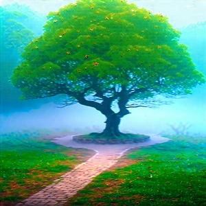 Nature Matte Painting: Cherry Blossoms In Misty Environment With Large Tree