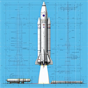 A Space Shuttle Is Shown In A Blue And White Drawing, With A Rocket Booster Attached To The Bottom