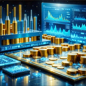Tech Gouache Painting: Financial technology in manufacturing facility