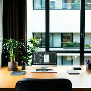 Lifestyle Aerial Photography: Home Office With Minimalist Decor With Desk Laptop
