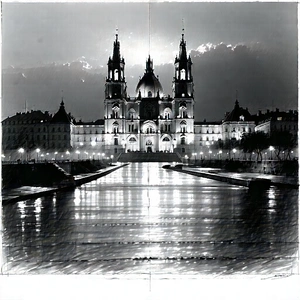 Urban Charcoal Drawing: Famous (building:1.38) with city lights