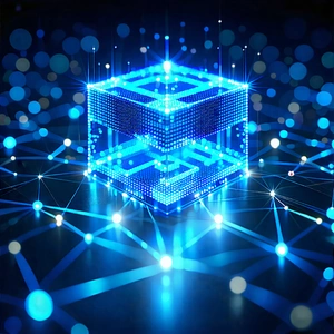 Tech Editorial Photography: Blockchain Network Visualization With Blue, Three-dimensional