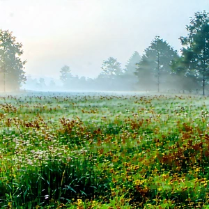 Nature Digital Illustration: Meadow During Foggy Morning With Lush Green
