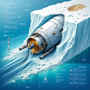 A Large Submarine Is Shown In A Blue And White Illustration
