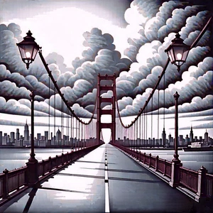 Urban Etching: Iconic Bridge With Dramatic (clouds:1.28) With Black White