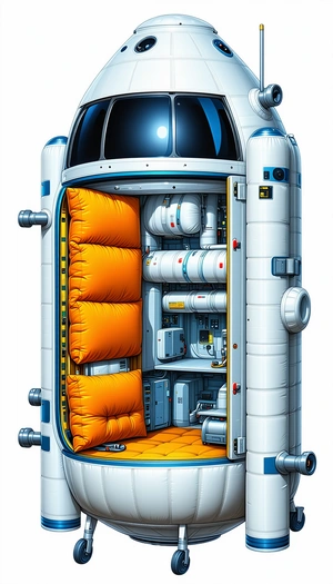 In The Image, There Is A Large White Spacecraft With A Yellow And Orange Interior
