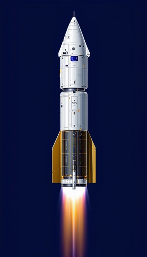 A Rocket Is Shown In A Close-up Shot, With Its Engine Lit Up