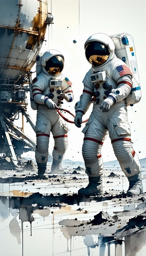 In The Image, There Are Two Astronauts Standing On A Rocky Surface, Possibly On The Moon