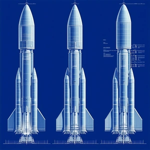 The Image Is A Blue Drawing Of A Rocket Ship, Showing The Different Stages Of The Rocket