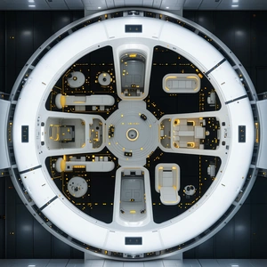 The Image Is A Close-up Of A Large White Spacecraft, Showcasing Its Interior