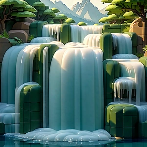 Nature Blender Artwork: Waterfall In Summer With Large, Colorful