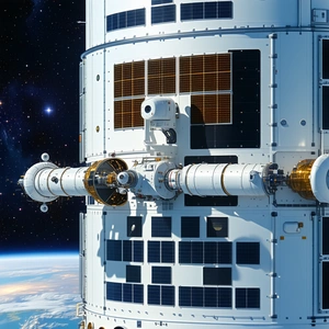 A Large Spacecraft With A White And Black Color Scheme