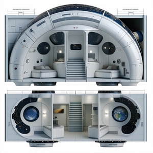 The Image Is A 3d Model Of A Space Station, Showcasing The Interior Layout And Design