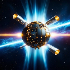 A Large, Round Spacecraft With A Blue And Yellow Color Scheme
