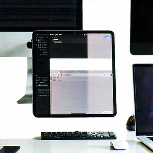 Business Graphic Design: Workplace with (digital:1.44) (devices:1.27) on desk