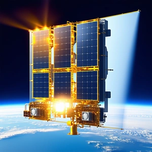 A Large, Shiny, And Gold Satellite Floating In The Sky