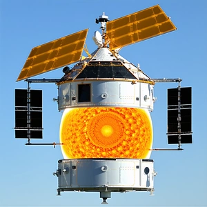 A Large White Spacecraft With A Yellow Dome On Top Is Flying Through The Sky