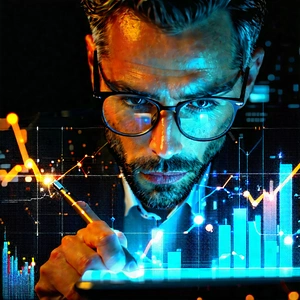 Business Advertising Photography: Finance professional using digital tablet