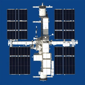 A Large Spacecraft With A White And Blue Color Scheme
