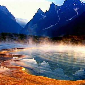 Nature Abstract Design: Hot Spring Surrounded By Mountain Peaks With Beautiful Mountain