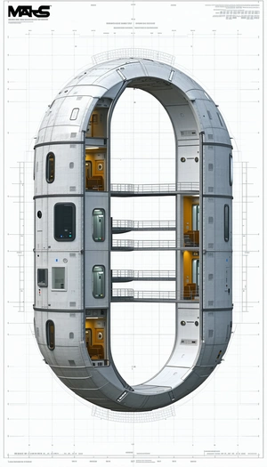 A Large, Circular Spacecraft Is Shown In A Drawing, With A Large Ring In The Middle