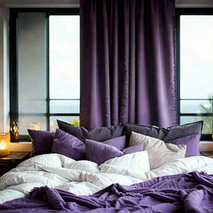 Lifestyle Product Photography: Bedroom Sanctuary With Comfortable Textiles With Large Purple